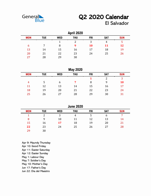 2020 Q2 Calendar with Holidays List for El Salvador