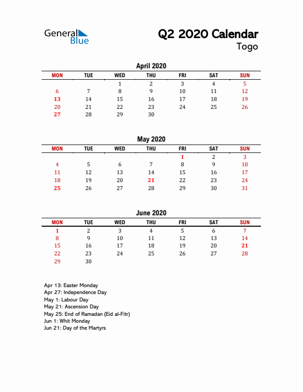 2020 Q2 Calendar with Holidays List for Togo