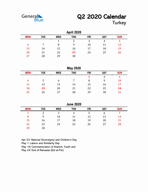 2020 Q2 Calendar with Holidays List for Turkey