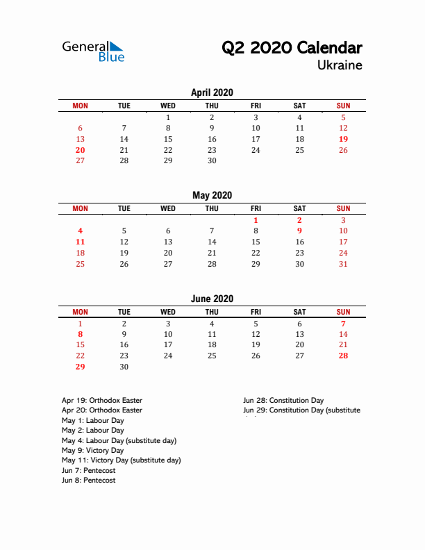 2020 Q2 Calendar with Holidays List for Ukraine