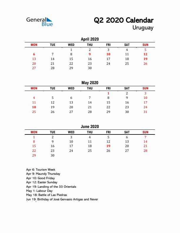 2020 Q2 Calendar with Holidays List for Uruguay