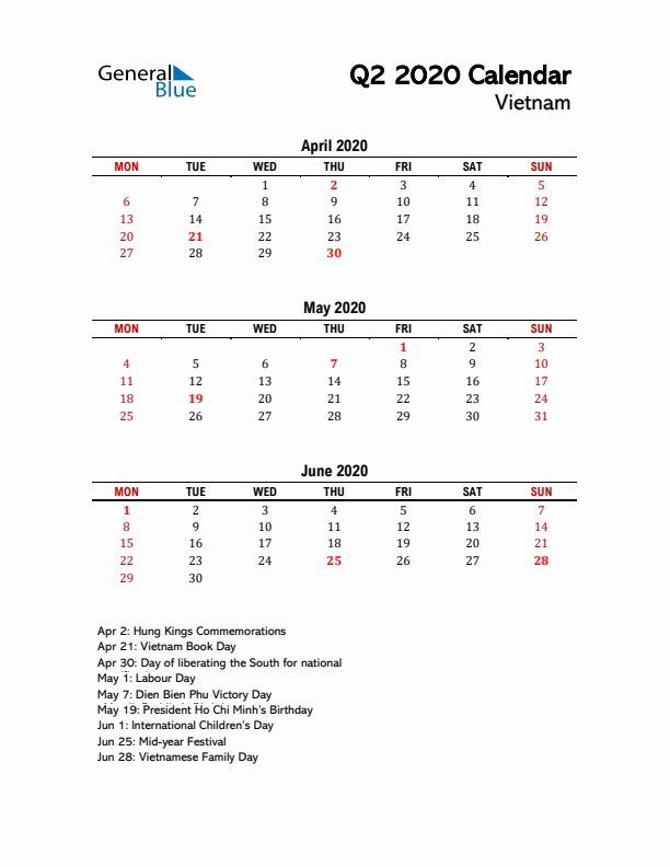 2020 Q2 Calendar with Holidays List for Vietnam