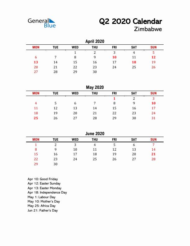 2020 Q2 Calendar with Holidays List for Zimbabwe