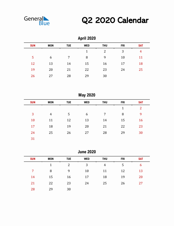 2020 Q2 Calendar with Red Weekend