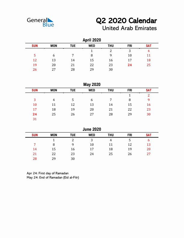 2020 Q2 Calendar with Holidays List for United Arab Emirates