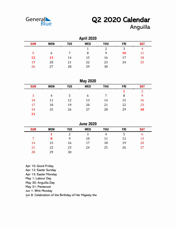 2020 Q2 Calendar with Holidays List for Anguilla