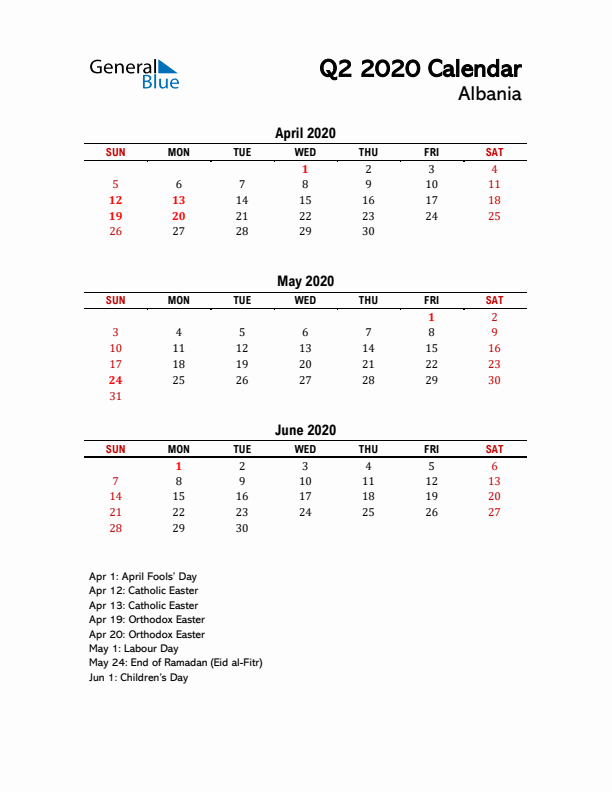 2020 Q2 Calendar with Holidays List for Albania