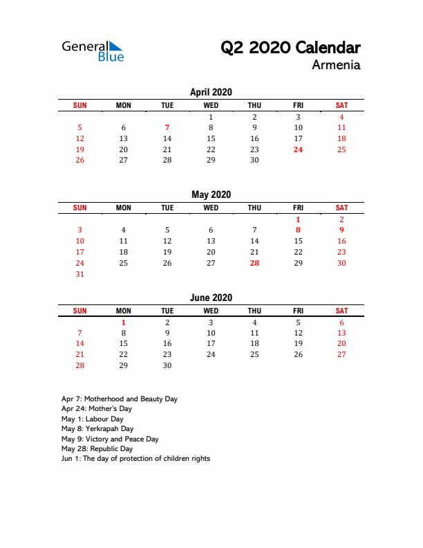 2020 Q2 Calendar with Holidays List for Armenia