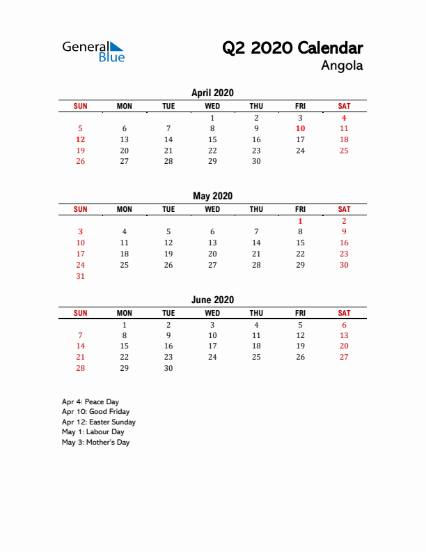 2020 Q2 Calendar with Holidays List for Angola