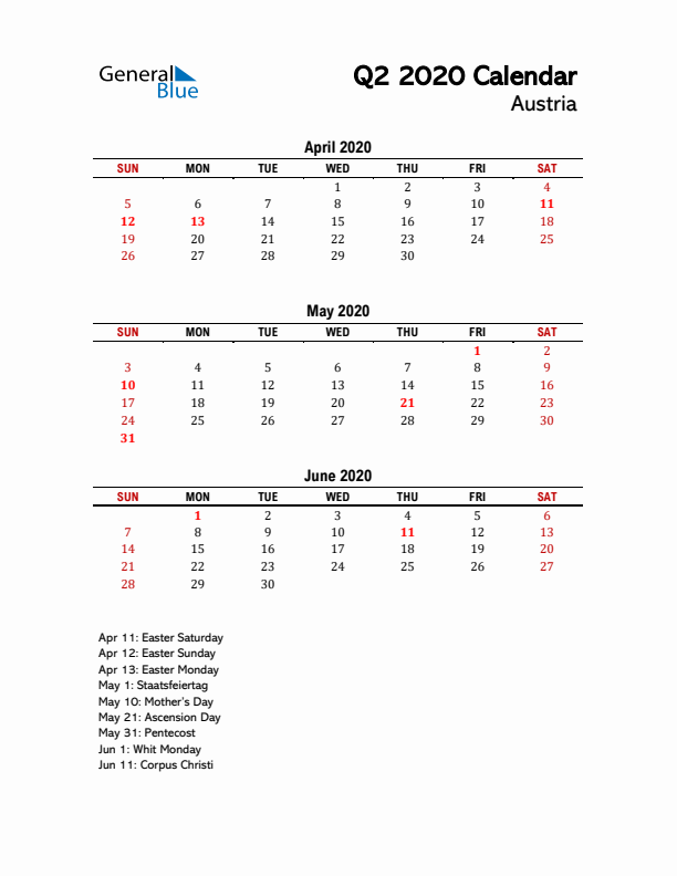 2020 Q2 Calendar with Holidays List for Austria