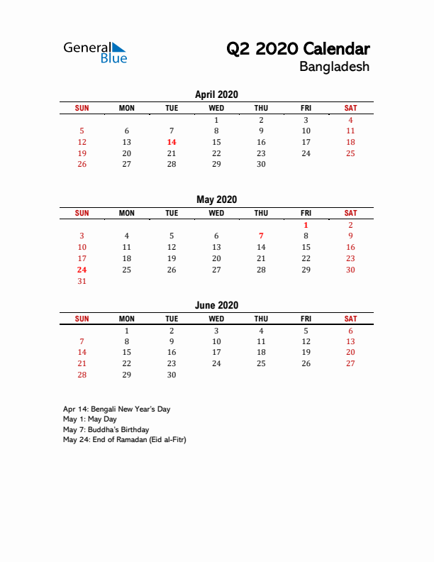 2020 Q2 Calendar with Holidays List for Bangladesh