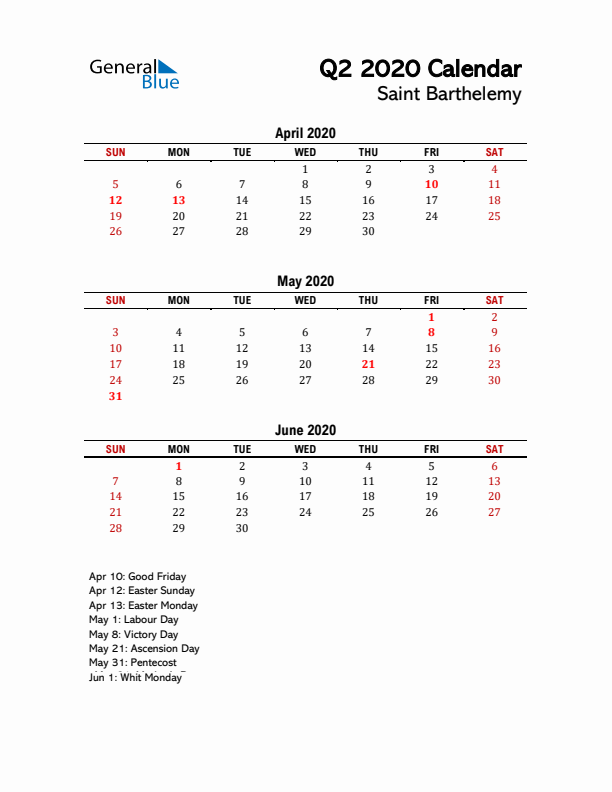 2020 Q2 Calendar with Holidays List for Saint Barthelemy