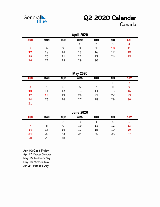 2020 Q2 Calendar with Holidays List for Canada