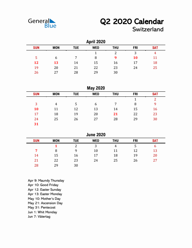 2020 Q2 Calendar with Holidays List for Switzerland