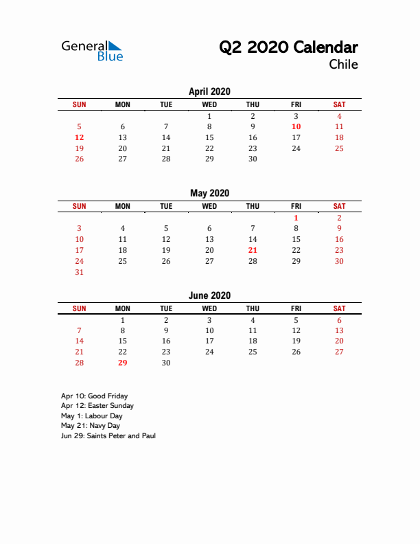 2020 Q2 Calendar with Holidays List for Chile