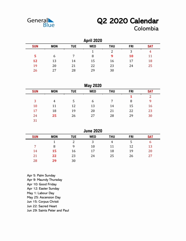 2020 Q2 Calendar with Holidays List for Colombia