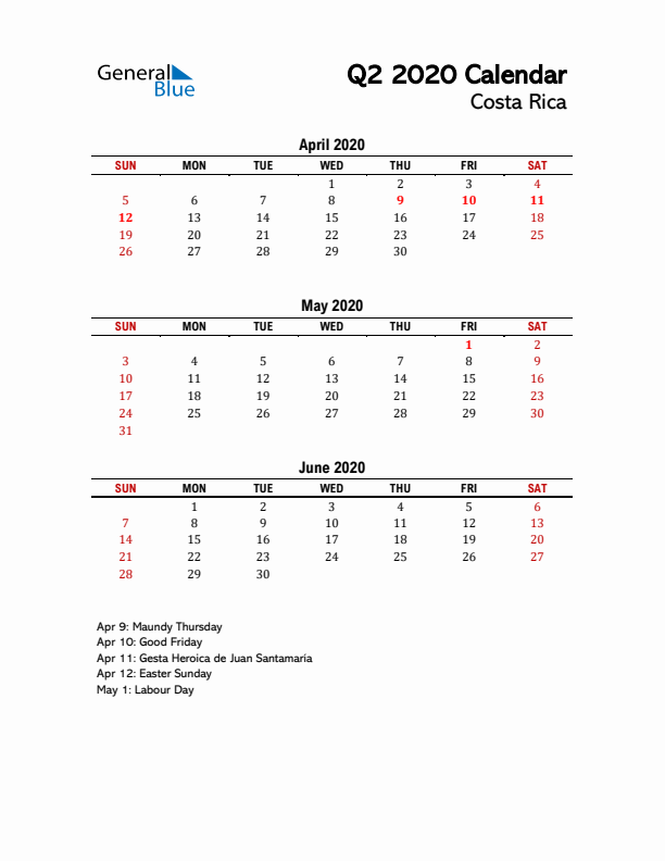 2020 Q2 Calendar with Holidays List for Costa Rica