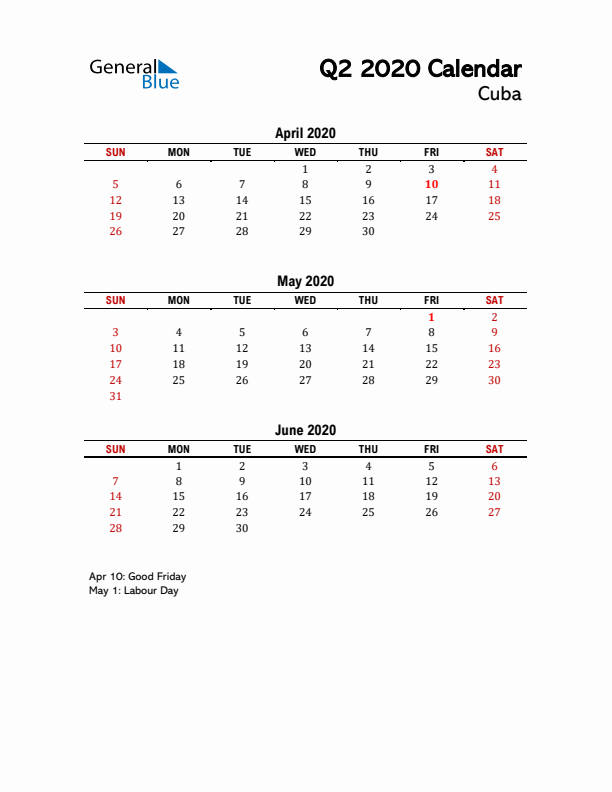 2020 Q2 Calendar with Holidays List for Cuba