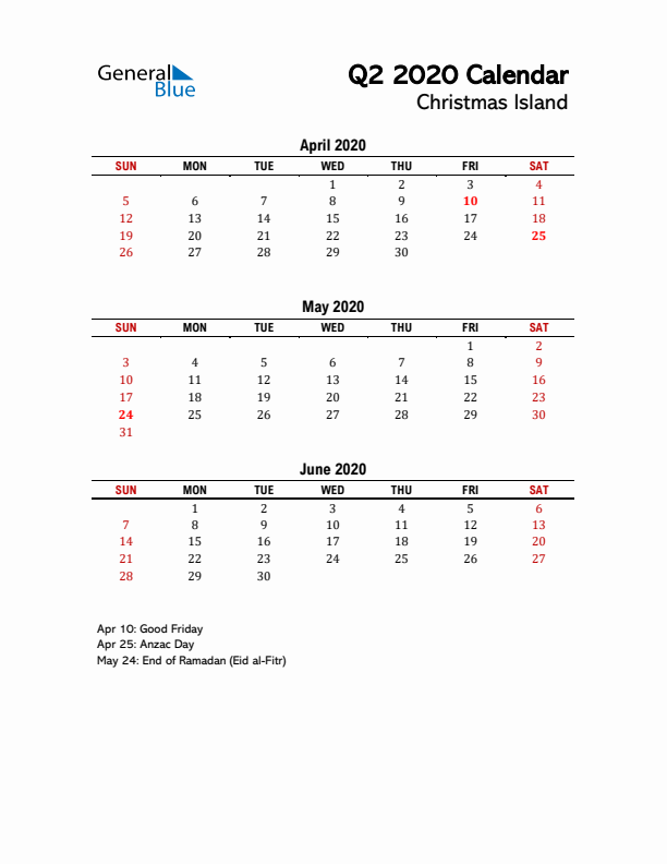 2020 Q2 Calendar with Holidays List for Christmas Island