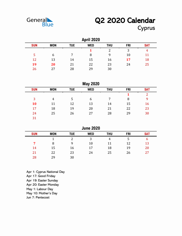 2020 Q2 Calendar with Holidays List for Cyprus