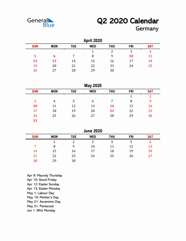 2020 Q2 Calendar with Holidays List for Germany