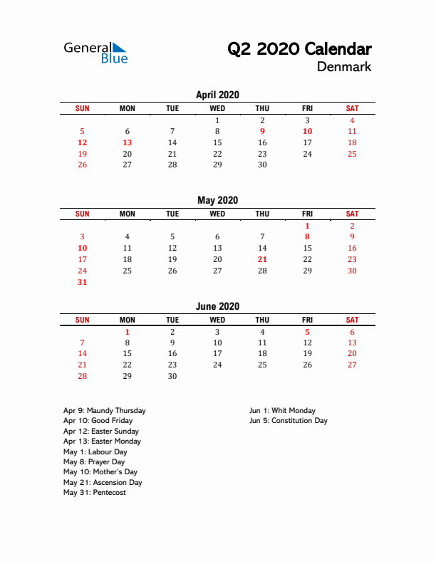 2020 Q2 Calendar with Holidays List for Denmark