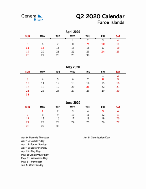 2020 Q2 Calendar with Holidays List for Faroe Islands