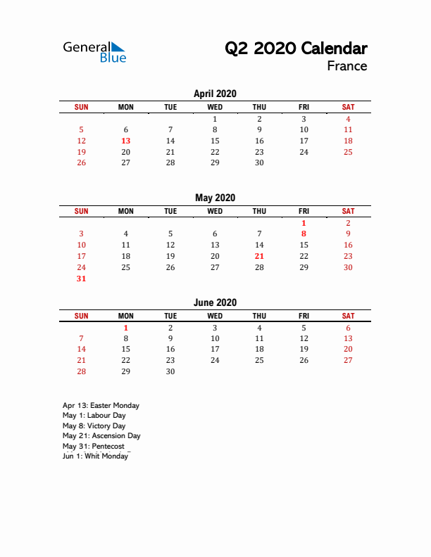 2020 Q2 Calendar with Holidays List for France