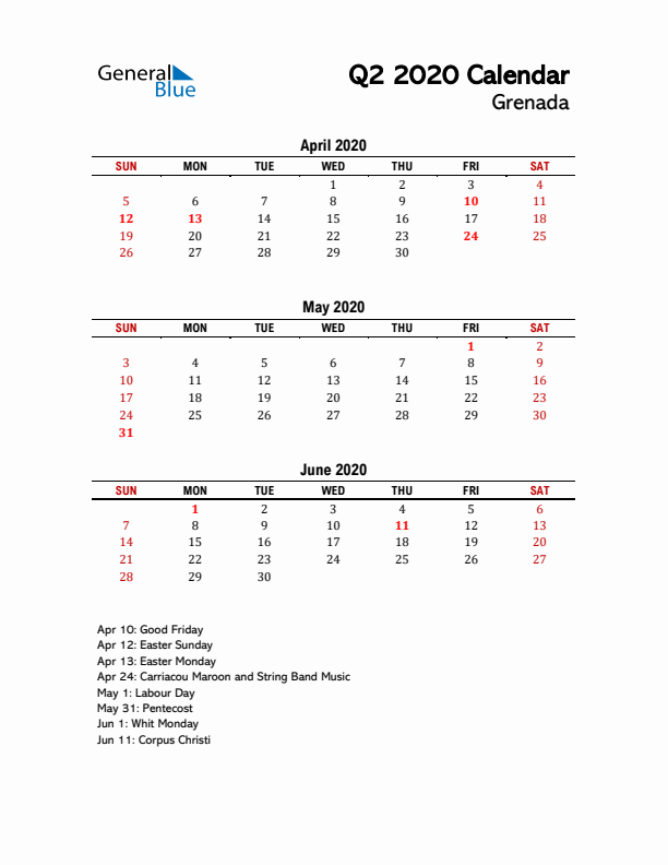 2020 Q2 Calendar with Holidays List for Grenada