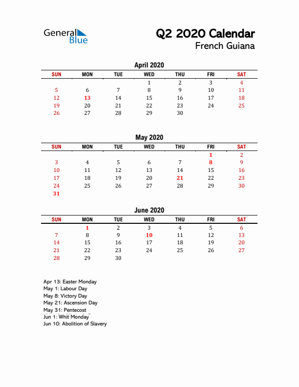 2020 Q2 Calendar with Holidays List for French Guiana