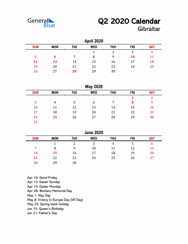 2020 Q2 Calendar with Holidays List for Gibraltar