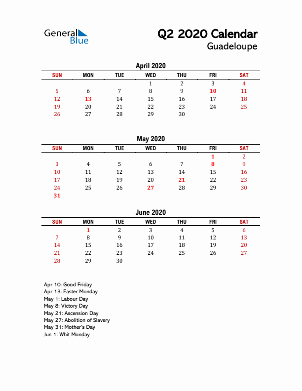 2020 Q2 Calendar with Holidays List for Guadeloupe