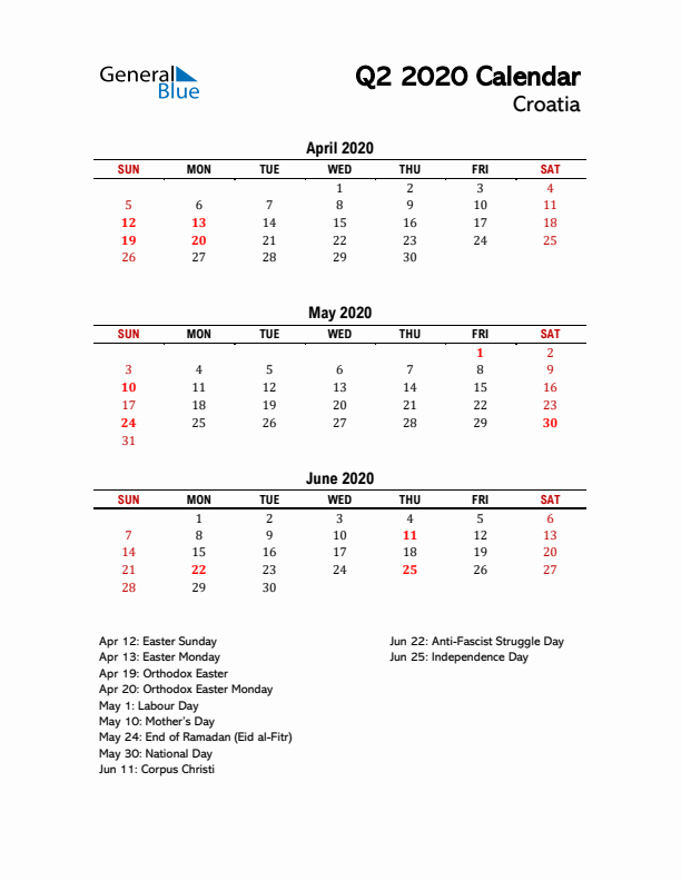 2020 Q2 Calendar with Holidays List for Croatia