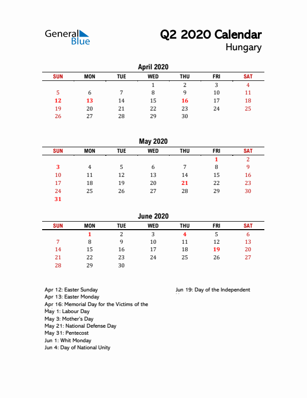 2020 Q2 Calendar with Holidays List for Hungary