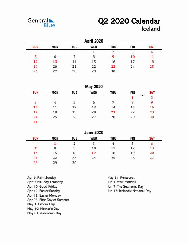 2020 Q2 Calendar with Holidays List for Iceland