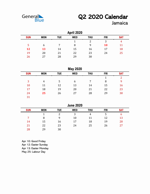 2020 Q2 Calendar with Holidays List for Jamaica