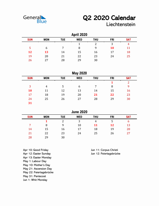 2020 Q2 Calendar with Holidays List for Liechtenstein