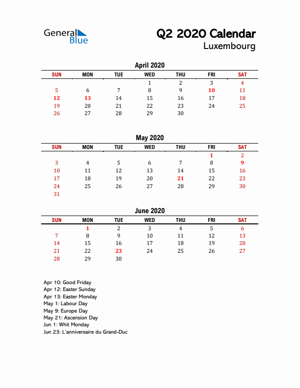 2020 Q2 Calendar with Holidays List for Luxembourg