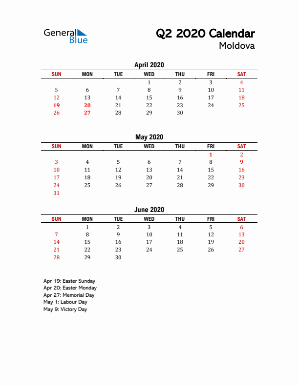 2020 Q2 Calendar with Holidays List for Moldova