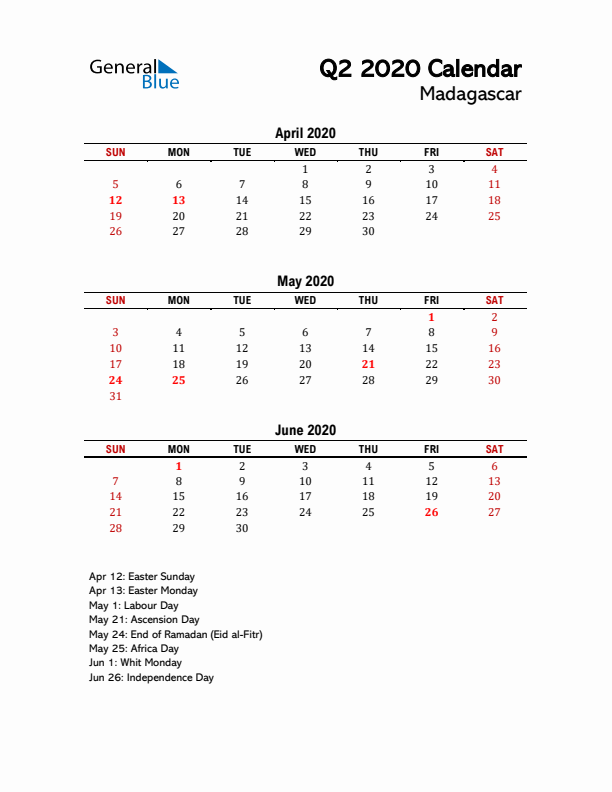 2020 Q2 Calendar with Holidays List for Madagascar