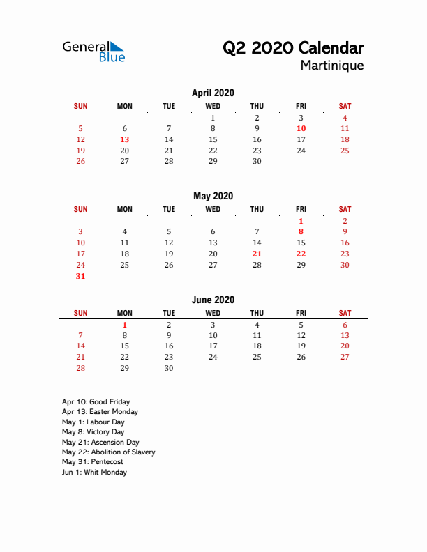 2020 Q2 Calendar with Holidays List for Martinique