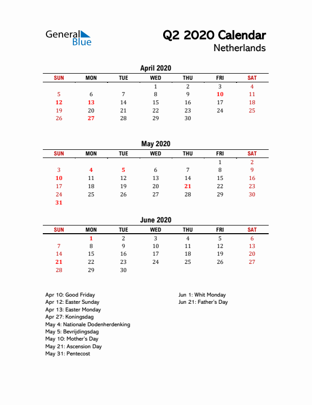 2020 Q2 Calendar with Holidays List for The Netherlands