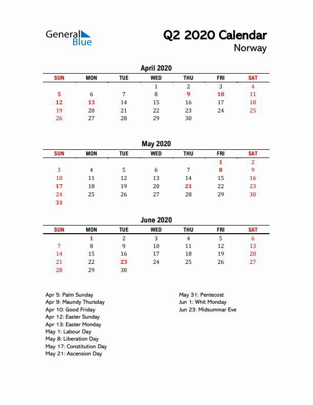 2020 Q2 Calendar with Holidays List for Norway