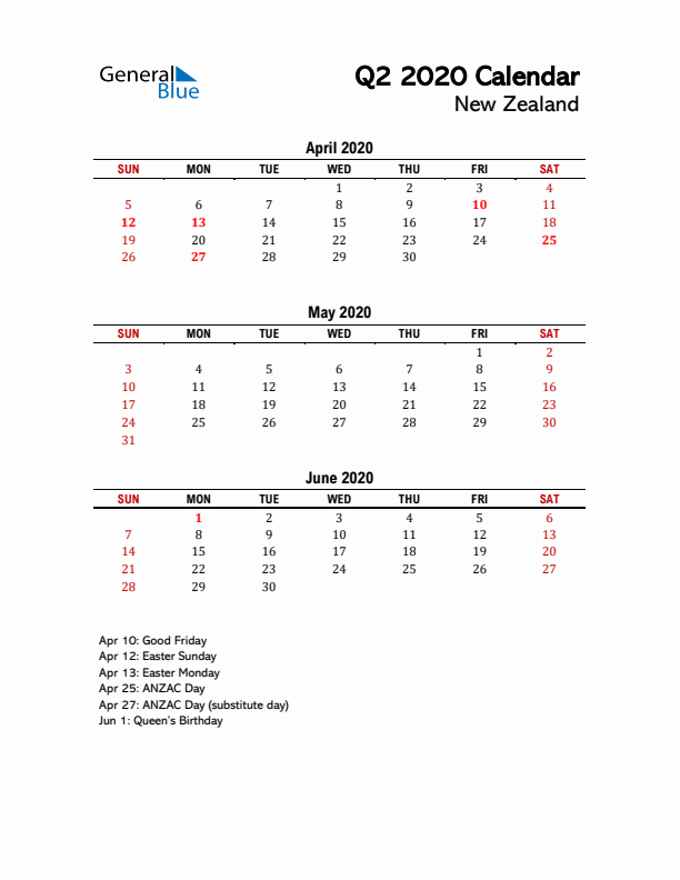 2020 Q2 Calendar with Holidays List for New Zealand