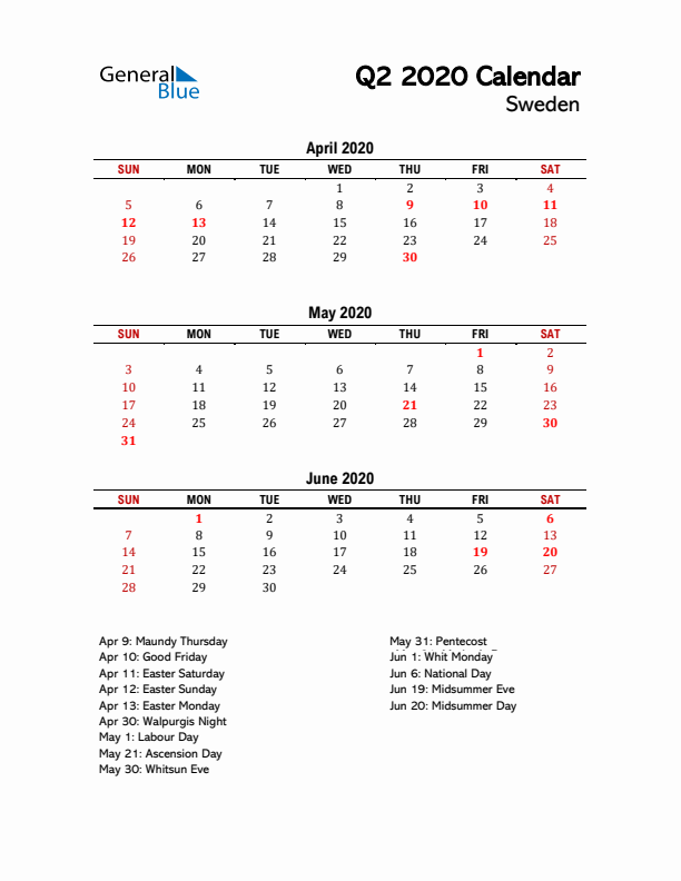 2020 Q2 Calendar with Holidays List for Sweden