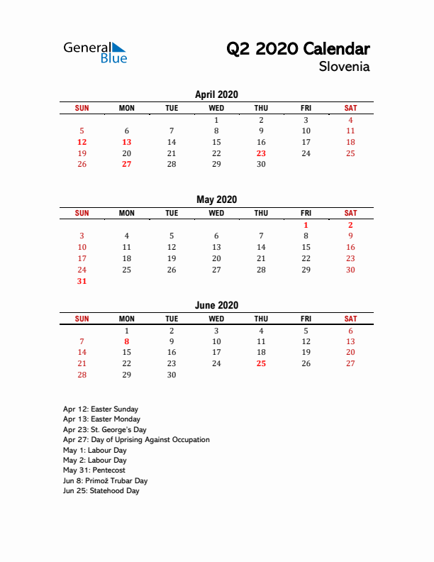 2020 Q2 Calendar with Holidays List for Slovenia