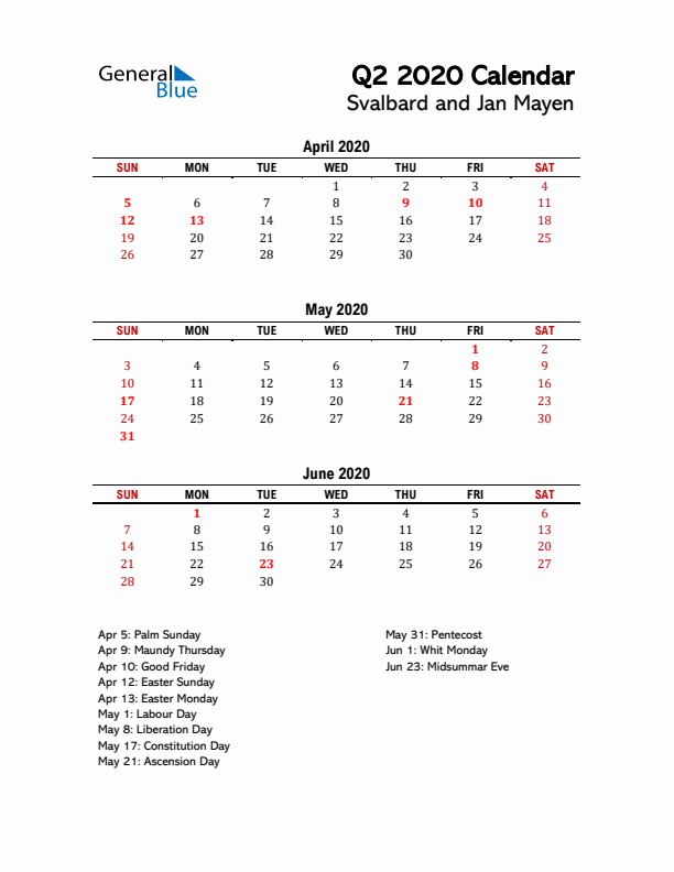 2020 Q2 Calendar with Holidays List for Svalbard and Jan Mayen