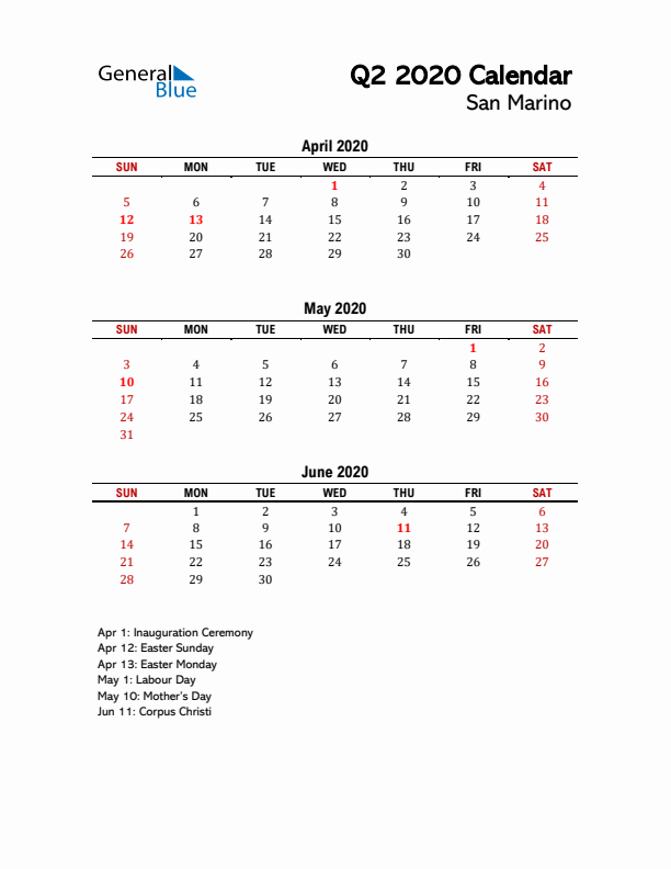 2020 Q2 Calendar with Holidays List for San Marino