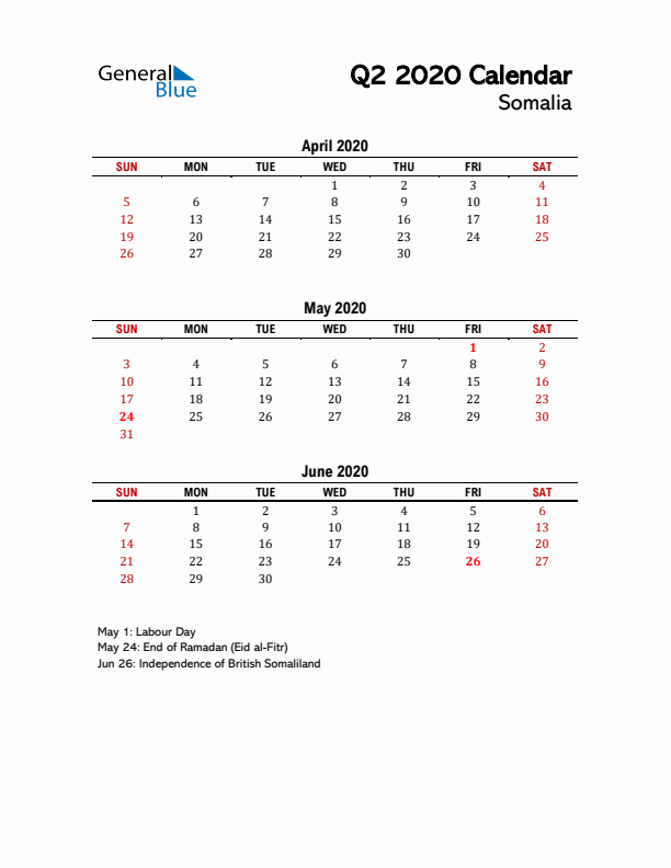 2020 Q2 Calendar with Holidays List for Somalia