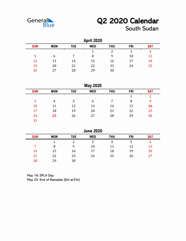 2020 Q2 Calendar with Holidays List for South Sudan